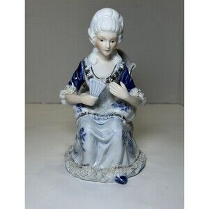 Vintage Victorian/Colonial Porcelain Women In Chair Figurine White/Blue Decor